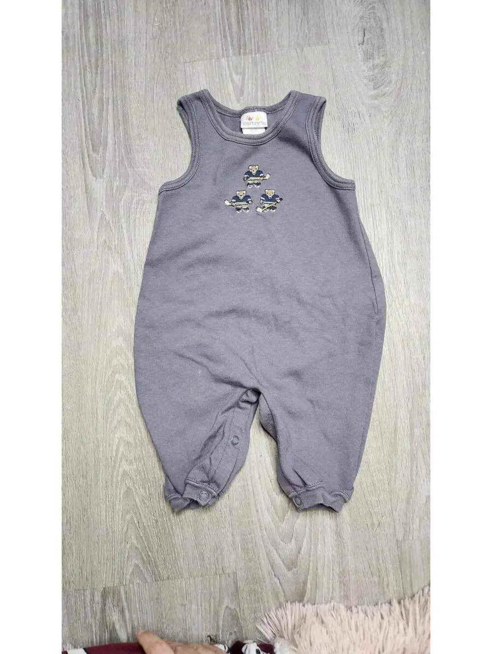 VTG Carter's Romper Baby 3-6 Months Gray Sleeveless Hockey Bear Cotton One Piece